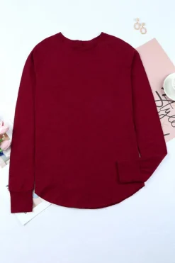 Clearance Dear-Lover Solid Crew Neck Long Sleeve Top Fiery Red