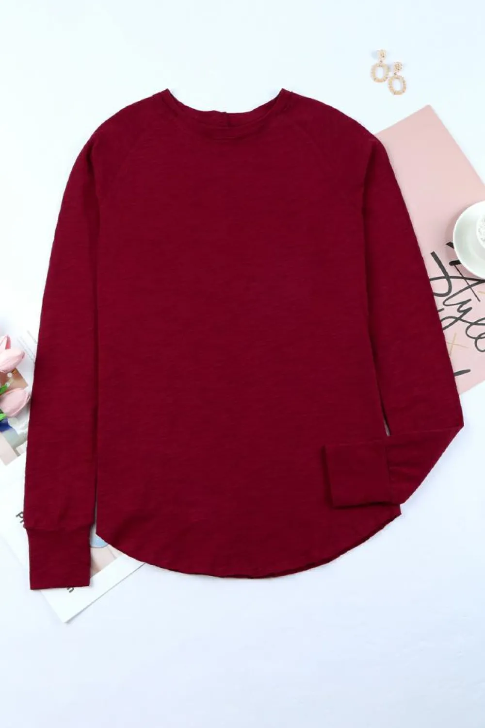 Clearance Dear-Lover Solid Crew Neck Long Sleeve Top Fiery Red