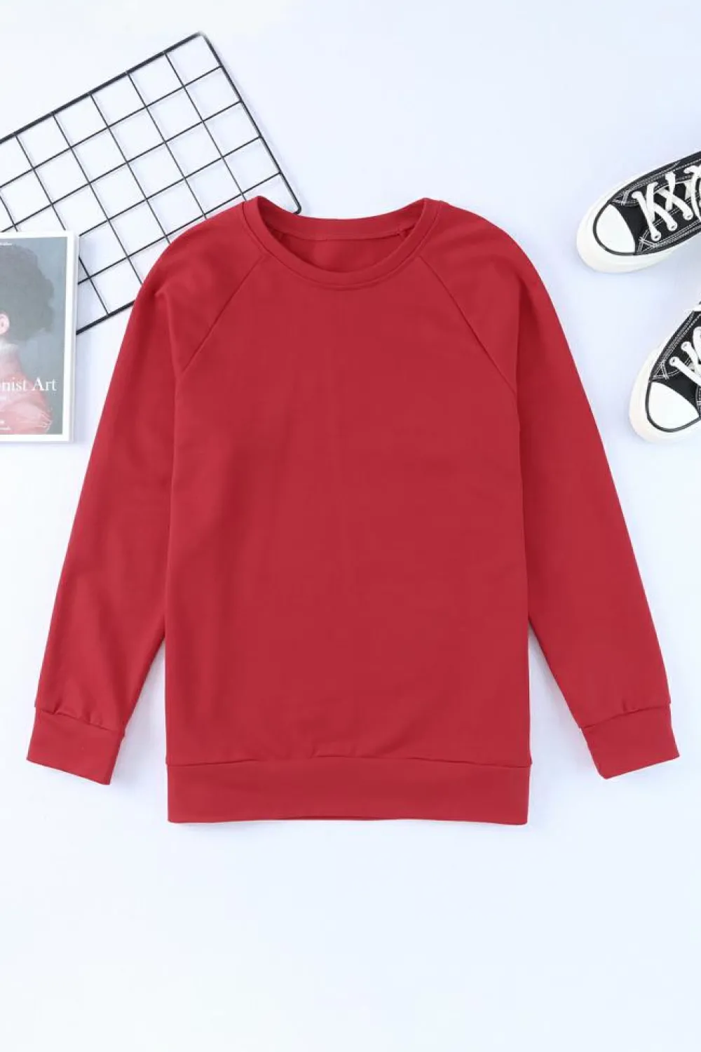 Best Dear-Lover Solid Round Neck Raglan Sleeve Sweatshirt Fiery Red