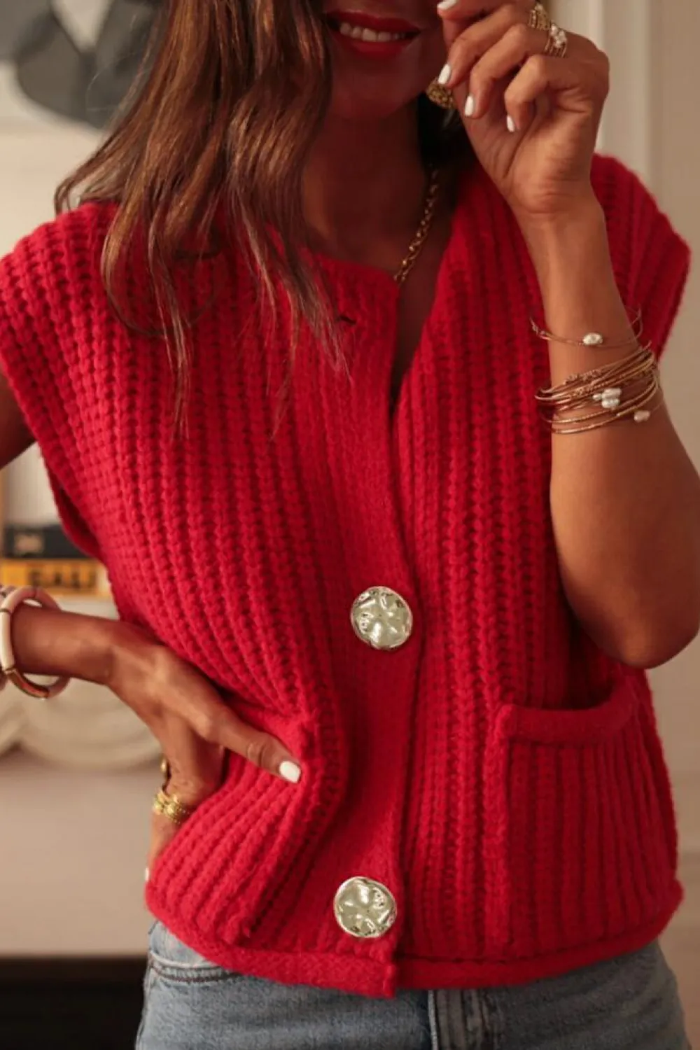 Best Dear-Lover Solid Textured Knit Side Pockets Buttoned Sweater Vest Fiery Red
