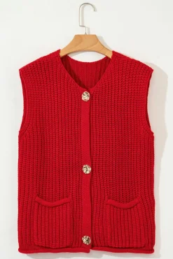 Best Dear-Lover Solid Textured Knit Side Pockets Buttoned Sweater Vest Fiery Red