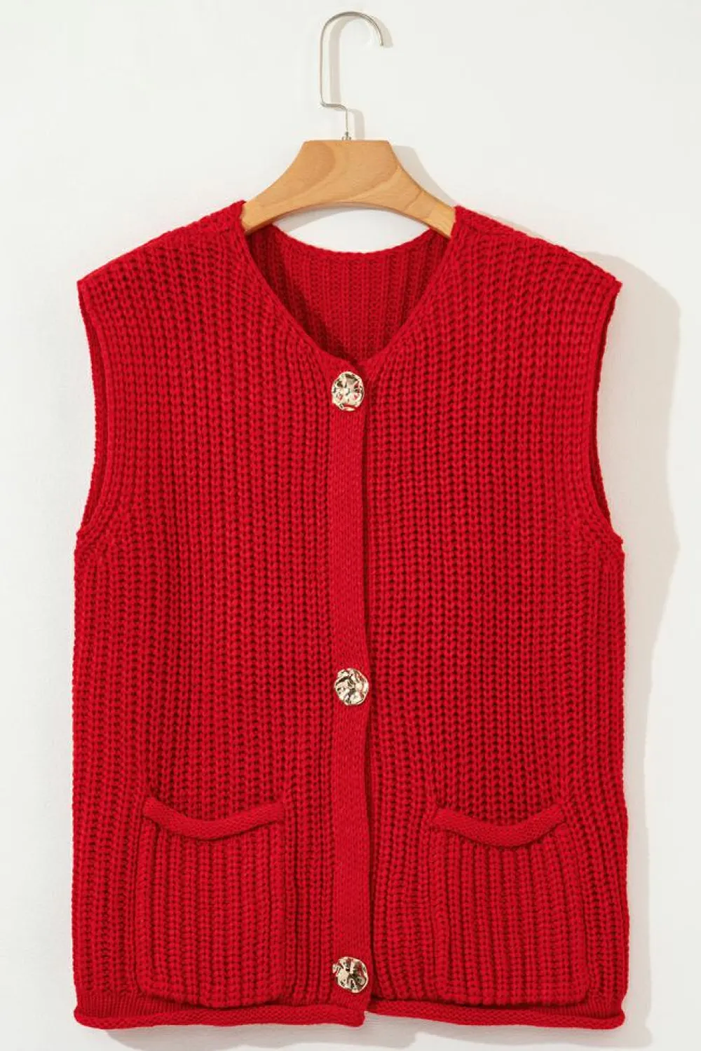 Best Dear-Lover Solid Textured Knit Side Pockets Buttoned Sweater Vest Fiery Red