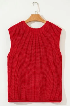 Best Dear-Lover Solid Textured Knit Side Pockets Buttoned Sweater Vest Fiery Red