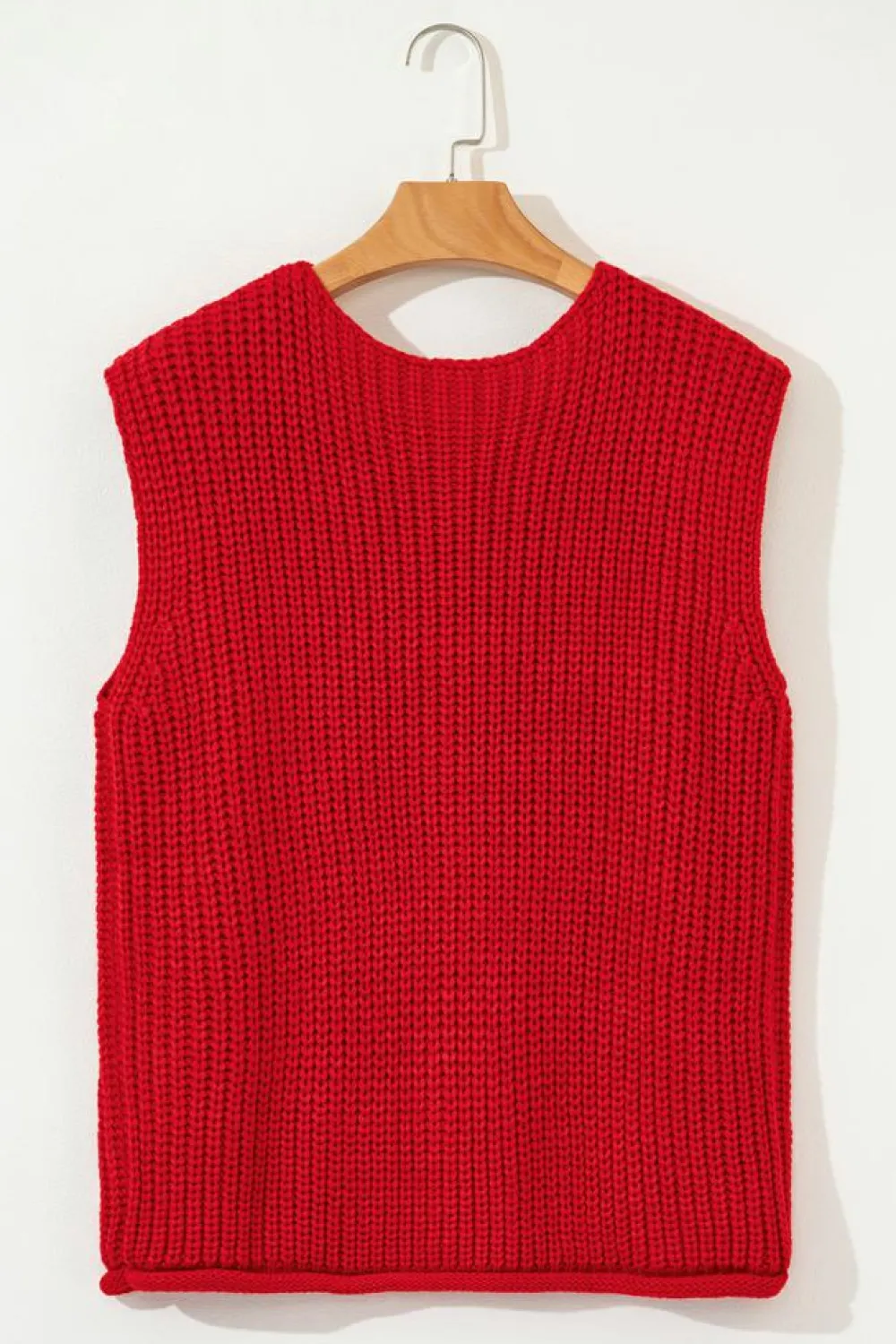 Best Dear-Lover Solid Textured Knit Side Pockets Buttoned Sweater Vest Fiery Red