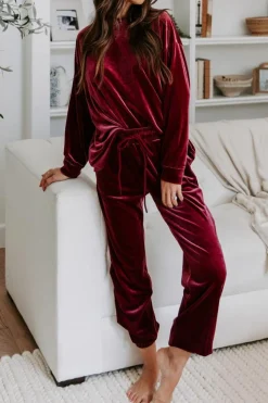 Outlet Dear-Lover Solid Velvet Two Piece Lounge Set Fiery Red