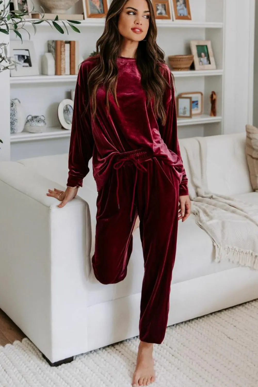 Outlet Dear-Lover Solid Velvet Two Piece Lounge Set Fiery Red