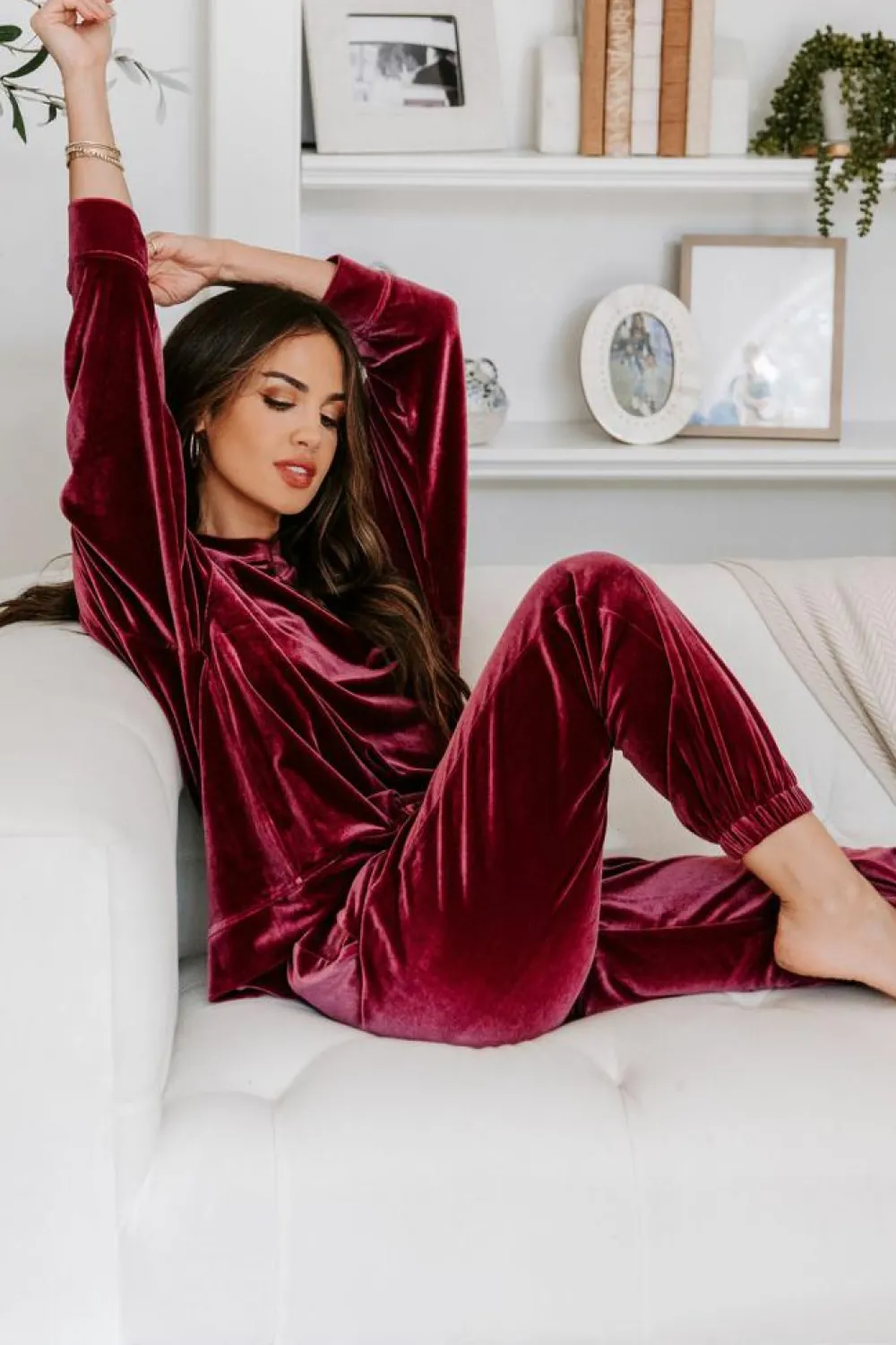 Outlet Dear-Lover Solid Velvet Two Piece Lounge Set Fiery Red