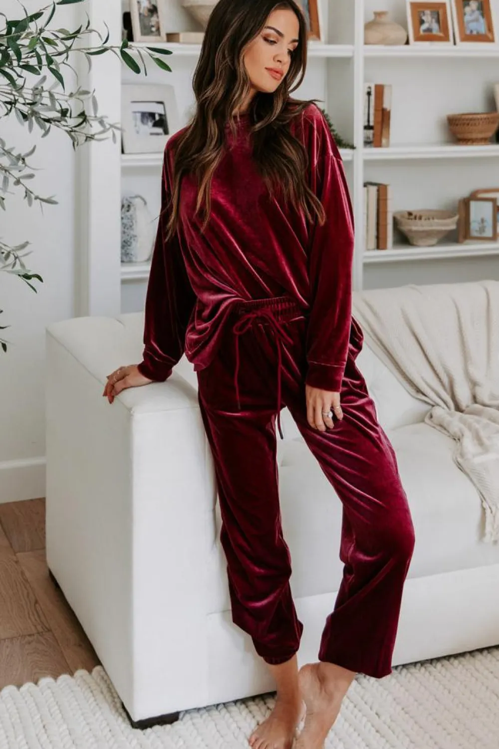 Outlet Dear-Lover Solid Velvet Two Piece Lounge Set Fiery Red