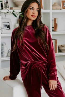 Outlet Dear-Lover Solid Velvet Two Piece Lounge Set Fiery Red