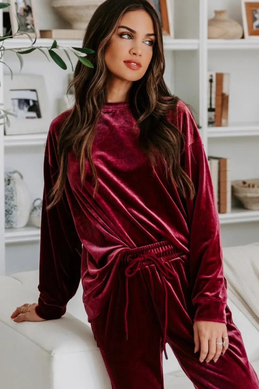 Outlet Dear-Lover Solid Velvet Two Piece Lounge Set Fiery Red