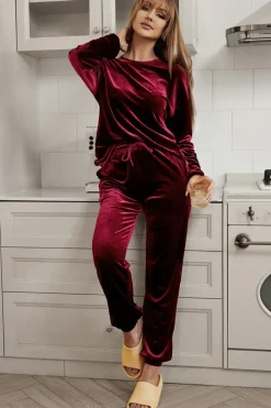 Outlet Dear-Lover Solid Velvet Two Piece Lounge Set Fiery Red