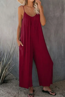 Online Dear-Lover Spaghetti Straps Wide Leg Pocketed Jumpsuits Fiery Red