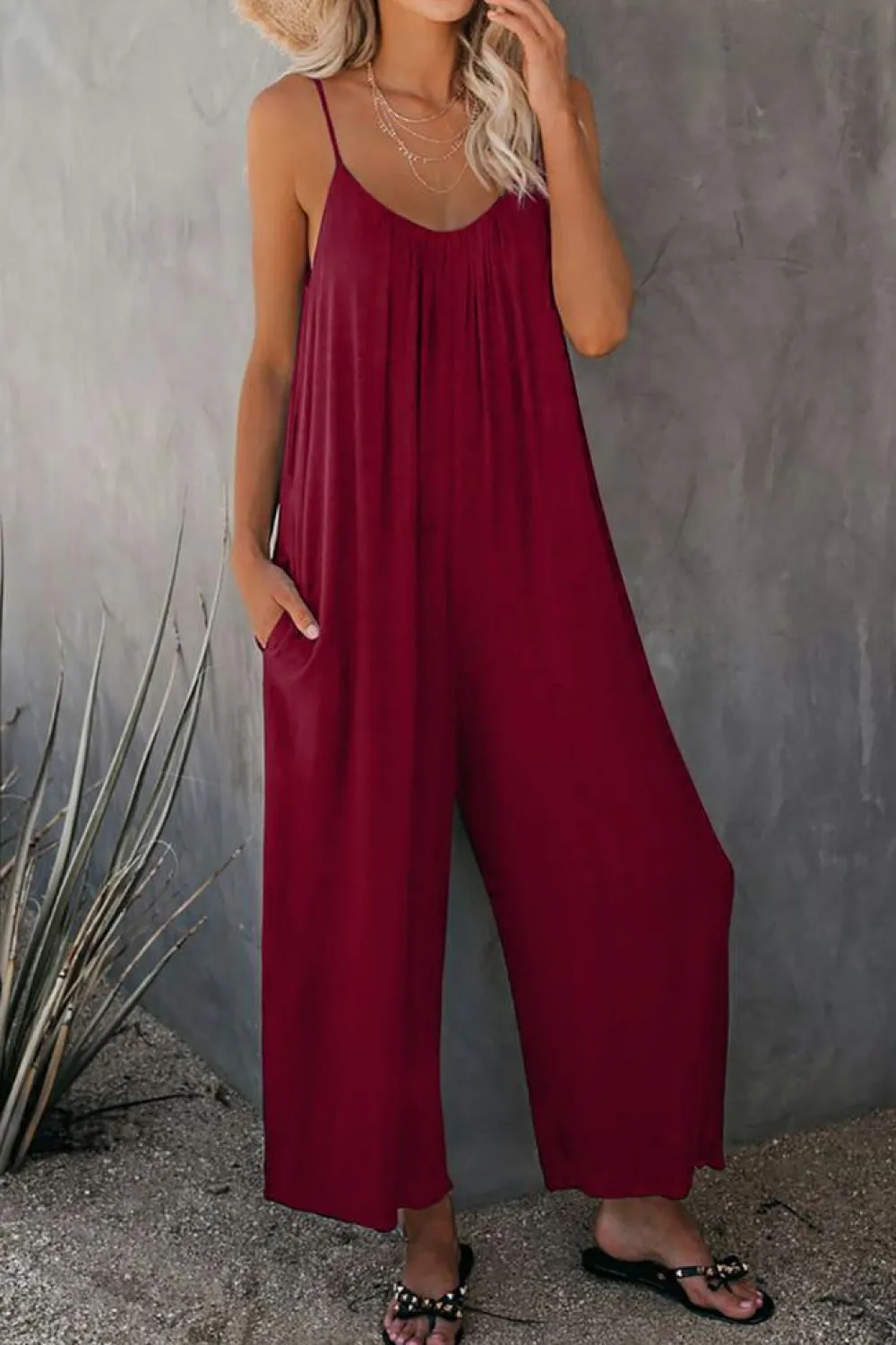 Online Dear-Lover Spaghetti Straps Wide Leg Pocketed Jumpsuits Fiery Red