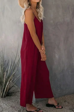 Online Dear-Lover Spaghetti Straps Wide Leg Pocketed Jumpsuits Fiery Red
