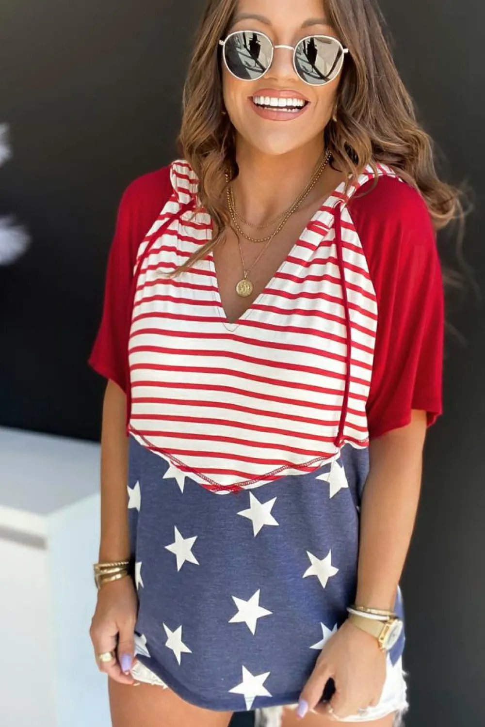 Best Dear-Lover Stars and Stripes Print Drawstring Hooded T Shirt Fiery Red