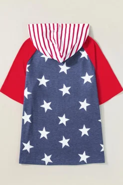 Best Dear-Lover Stars and Stripes Print Drawstring Hooded T Shirt Fiery Red