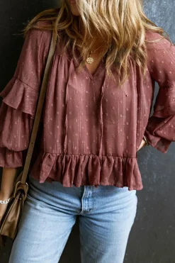 Outlet Dear-Lover Swiss Dot Lace up V Neck Ruffled Blouse Fiery Red