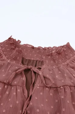 Outlet Dear-Lover Swiss Dot Lace up V Neck Ruffled Blouse Fiery Red