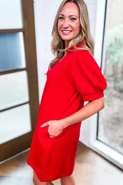 Outlet Dear-Lover Textured Collared V Neck Puff Short Sleeve Shift Mini Dress Fiery Red