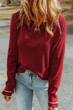New Dear-Lover Textured Round Neck Long Sleeve Top Fiery Red