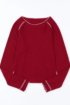 New Dear-Lover Textured Round Neck Long Sleeve Top Fiery Red