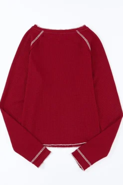 New Dear-Lover Textured Round Neck Long Sleeve Top Fiery Red