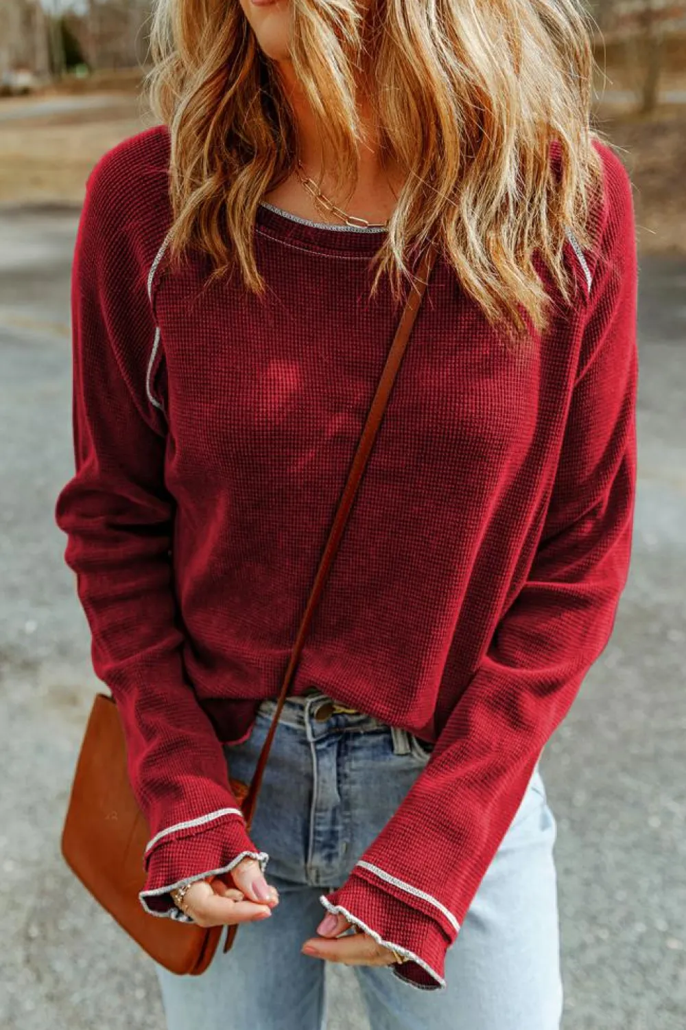 New Dear-Lover Textured Round Neck Long Sleeve Top Fiery Red