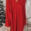 Online Dear-Lover Textured Ruffled Trim V Neck Loose Fit Mini Dress Fiery Red