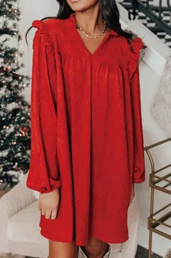 Online Dear-Lover Textured Ruffled Trim V Neck Loose Fit Mini Dress Fiery Red