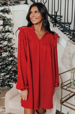 Online Dear-Lover Textured Ruffled Trim V Neck Loose Fit Mini Dress Fiery Red