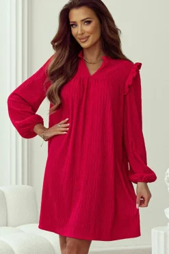 Online Dear-Lover Textured Ruffled Trim V Neck Loose Fit Mini Dress Fiery Red