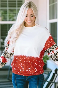 Fashion Dear-Lover Tie-Dye Leopard Long Sleeve Top Fiery Red