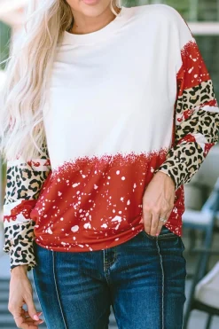 Fashion Dear-Lover Tie-Dye Leopard Long Sleeve Top Fiery Red
