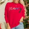 New Dear-Lover Tinsel Merry Letter Drop Shoulder Baggy Sweater Fiery Red