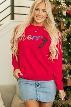 New Dear-Lover Tinsel Merry Letter Drop Shoulder Baggy Sweater Fiery Red