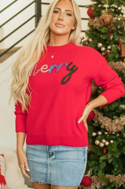 New Dear-Lover Tinsel Merry Letter Drop Shoulder Baggy Sweater Fiery Red