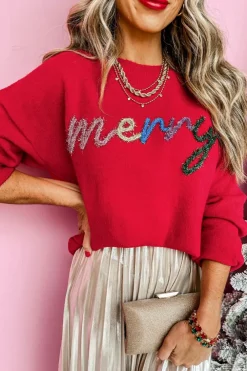 New Dear-Lover Tinsel Merry Letter Drop Shoulder Baggy Sweater Fiery Red