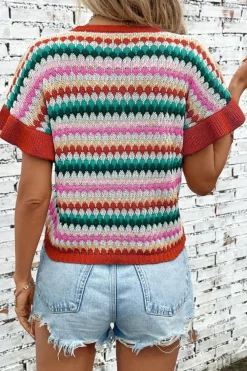 Clearance Dear-Lover Trimmed Ruffle Sleeve Colorful Textured Sweater Fiery Red