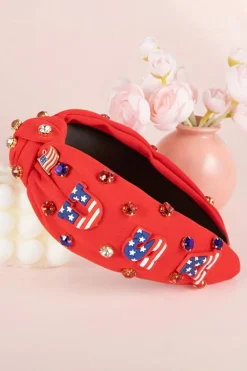 New Dear-Lover USA Flag Gemstone Decor Knotted Wide Headband Fiery Red