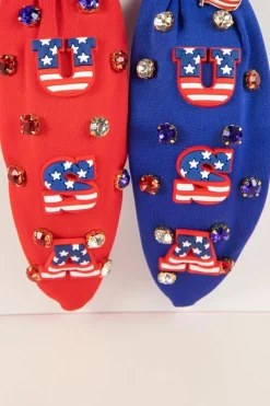 New Dear-Lover USA Flag Gemstone Decor Knotted Wide Headband Fiery Red