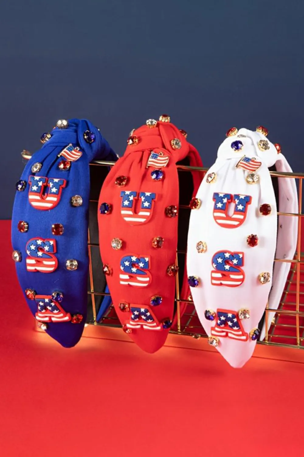 New Dear-Lover USA Flag Gemstone Decor Knotted Wide Headband Fiery Red