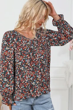 Clearance Dear-Lover V Cut Lace Patch Tie-up Ruffled Puff Sleeve Floral Blouse Fiery Red