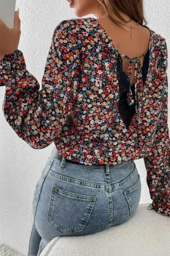 Clearance Dear-Lover V Cut Lace Patch Tie-up Ruffled Puff Sleeve Floral Blouse Fiery Red
