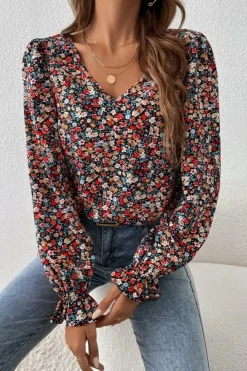 Clearance Dear-Lover V Cut Lace Patch Tie-up Ruffled Puff Sleeve Floral Blouse Fiery Red