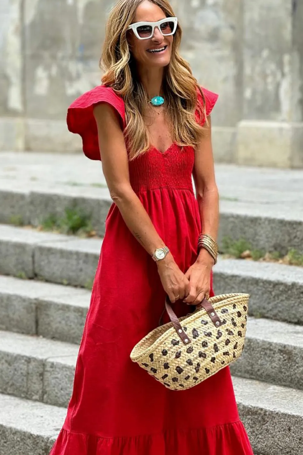 Hot Dear-Lover V Neck Flutter Sleeve Smocked Bodice High Waist Ruffle Maxi Dress Fiery Red
