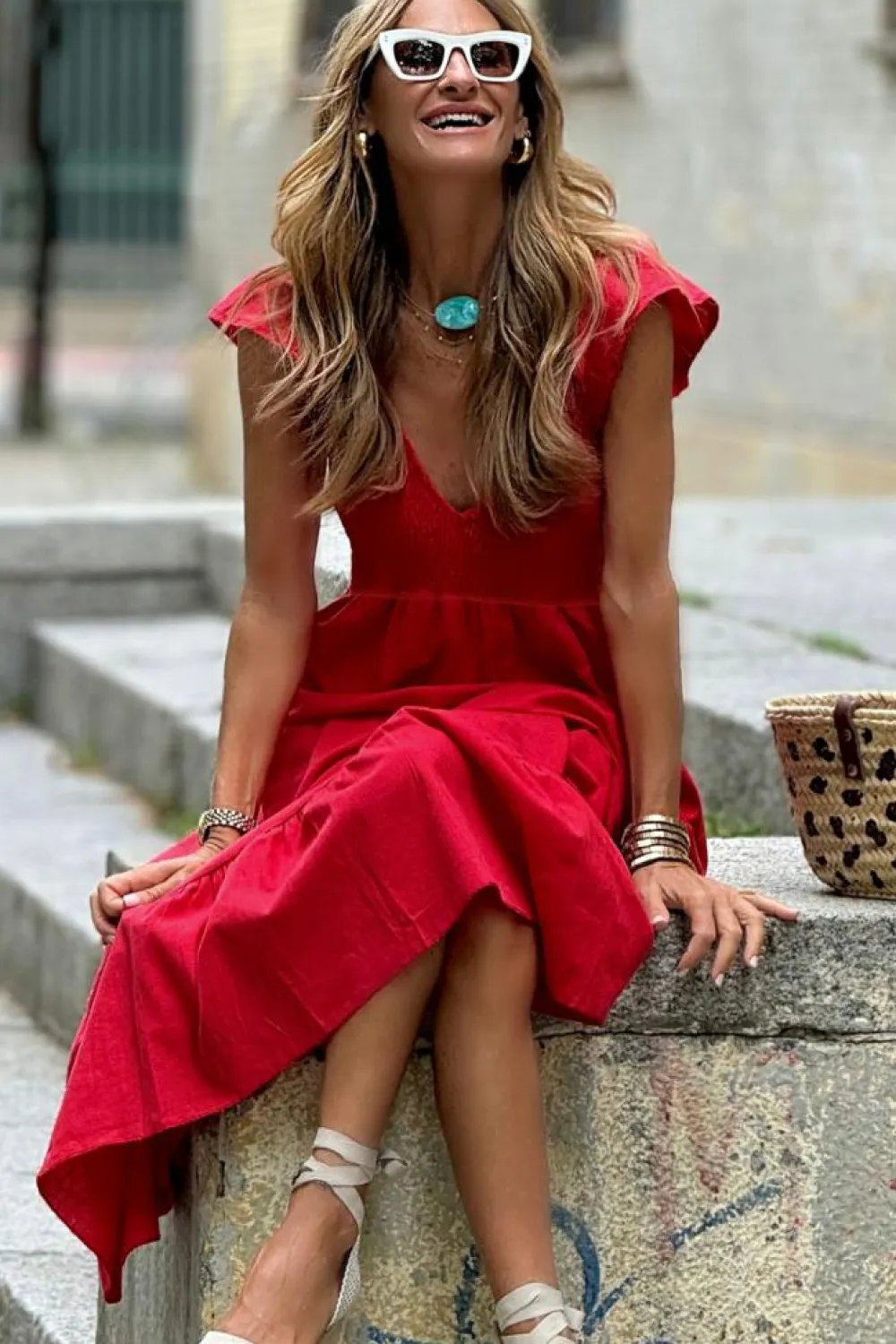 Hot Dear-Lover V Neck Flutter Sleeve Smocked Bodice High Waist Ruffle Maxi Dress Fiery Red
