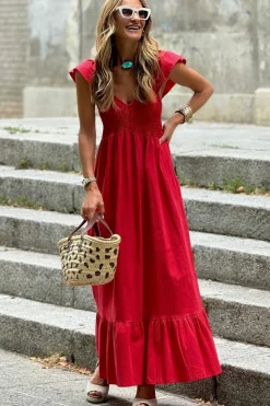 Hot Dear-Lover V Neck Flutter Sleeve Smocked Bodice High Waist Ruffle Maxi Dress Fiery Red