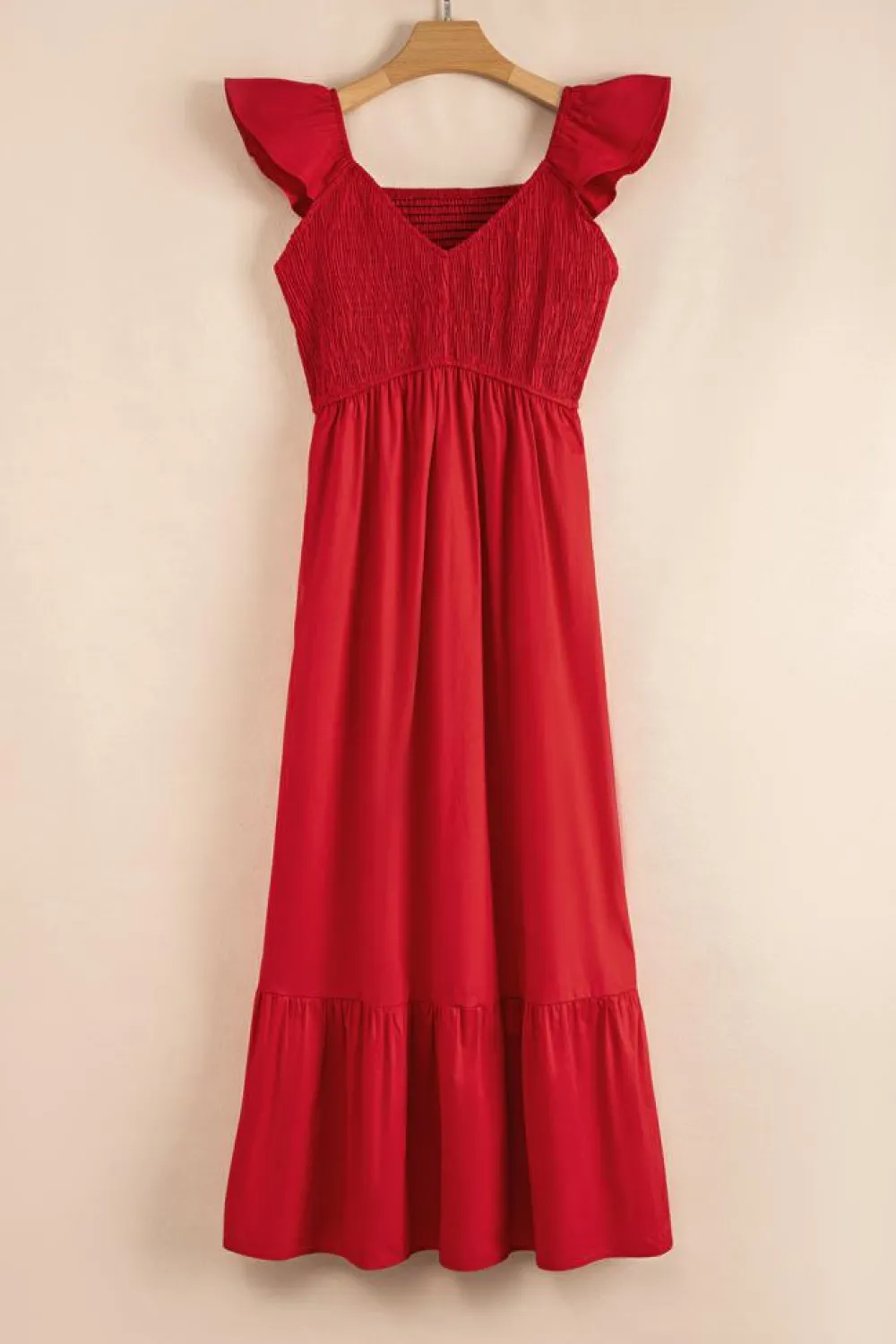 Hot Dear-Lover V Neck Flutter Sleeve Smocked Bodice High Waist Ruffle Maxi Dress Fiery Red