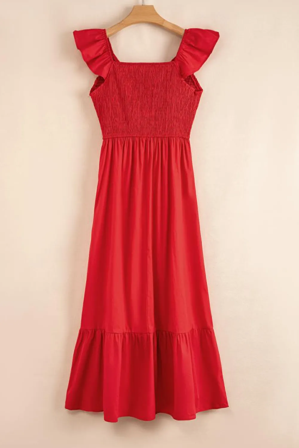 Hot Dear-Lover V Neck Flutter Sleeve Smocked Bodice High Waist Ruffle Maxi Dress Fiery Red
