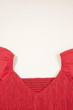 Hot Dear-Lover V Neck Flutter Sleeve Smocked Bodice High Waist Ruffle Maxi Dress Fiery Red
